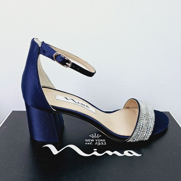 Nina, Elenora Low Strap Heels, New Navy Luster, Satin, Rhinestones, 5M - Picture 4 of 8